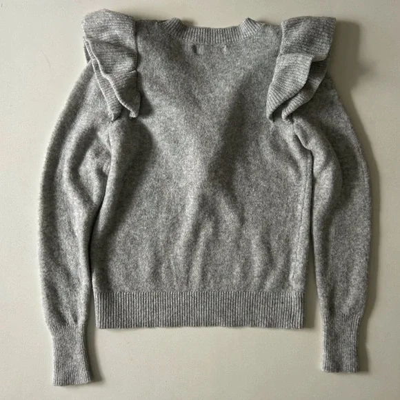 LOFT Gray Ruffle Trim Knit Sweater Puff Sleeves Spring Trend Size XS - Picture 2 of 6